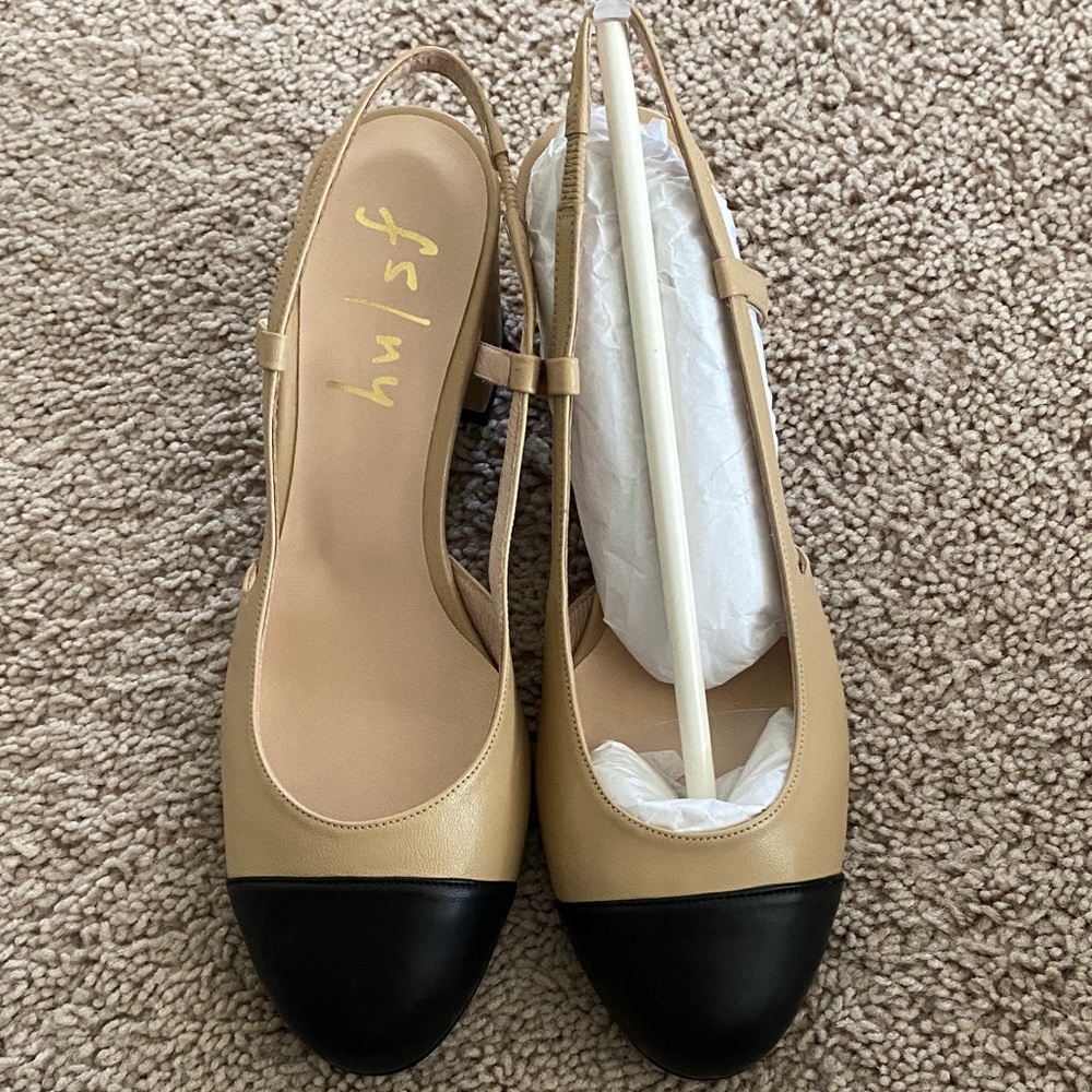 French Sole Beige and Black Slingback Heels